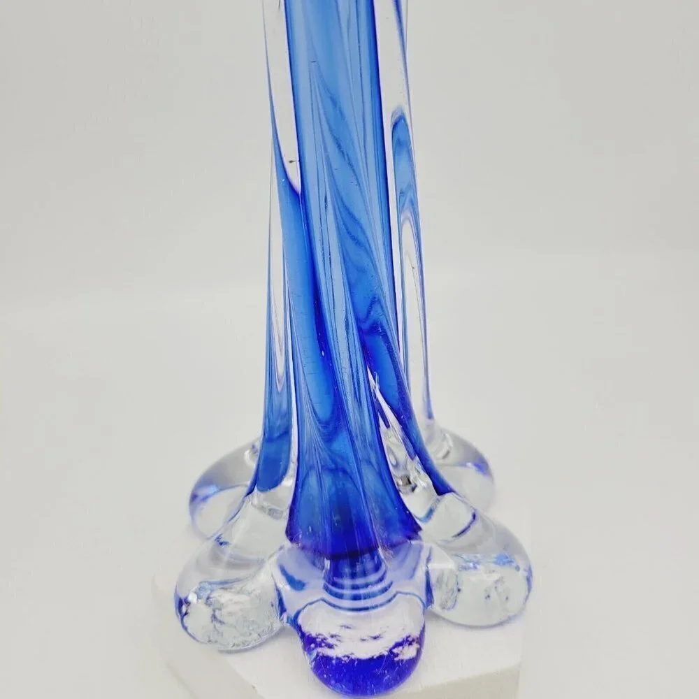 Vintage Cobalt Blue Encased Twisted Blue Art Glass Vase Elephant Foot Base 11.5